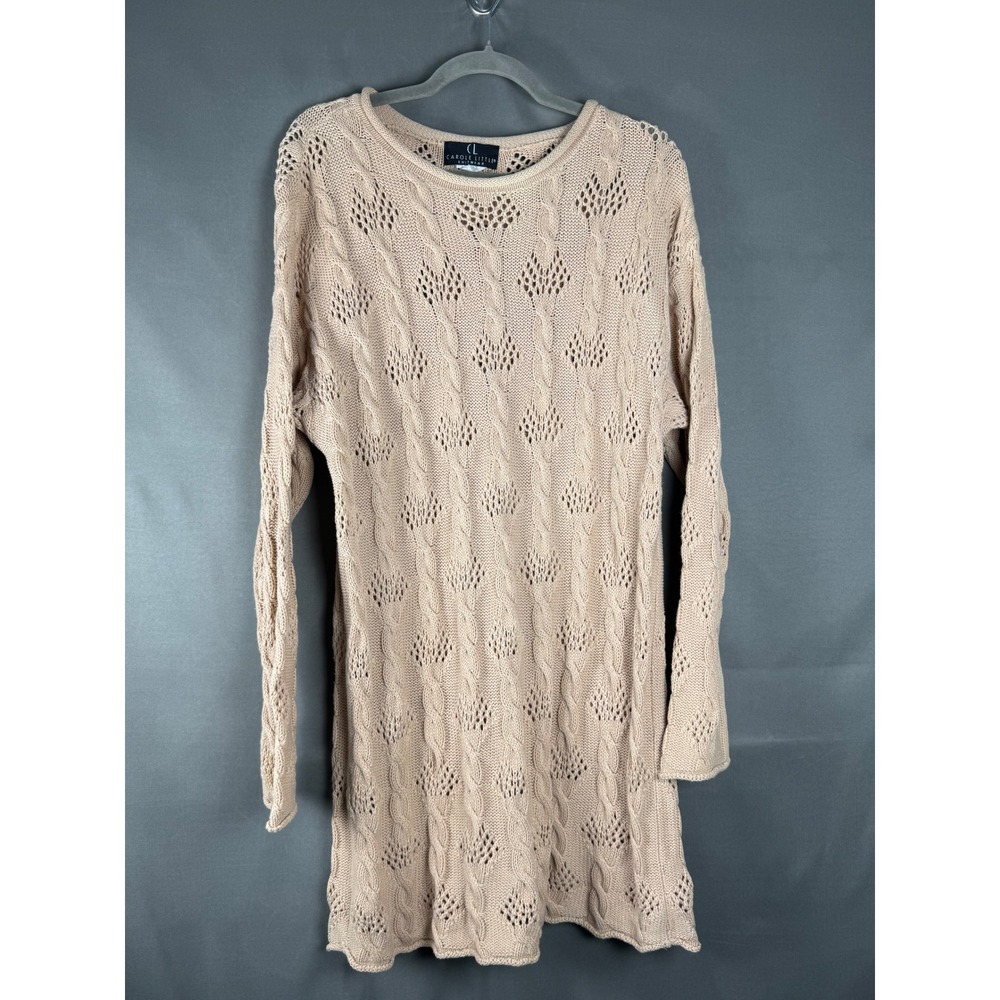 Carole Little Knitwear Tunic Dress Womens Small Beige Cable Pointelle Cotton